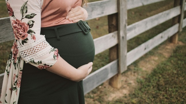 CFCK Law Firm | Atlanta, GA | Blog | Fetal Hypoxia Birth Injury 2 | Image of a pregnant woman standing along a fence outside in the fall, grabbing her pregnant belly and looking down at it.